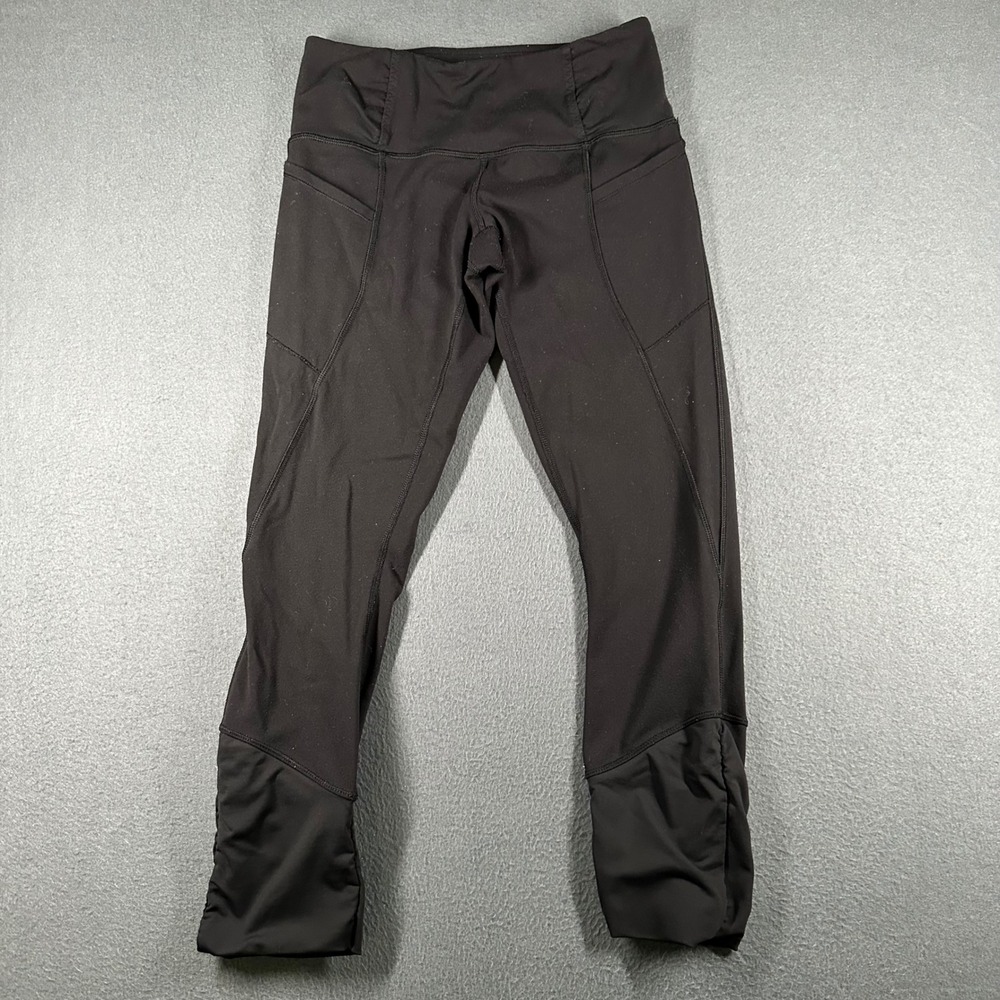 Lululemon Crop Leggings Womens 4 Black‎ Pull On Ruched Ankle Pockets Athleisure